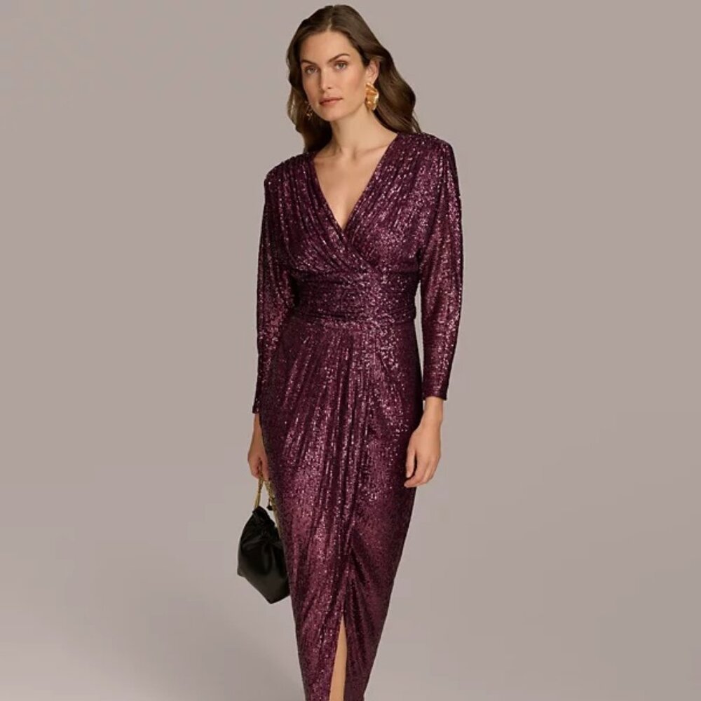 Donna Karan Women's Sequin Long-Sleeve Gown Elderberry Size 14